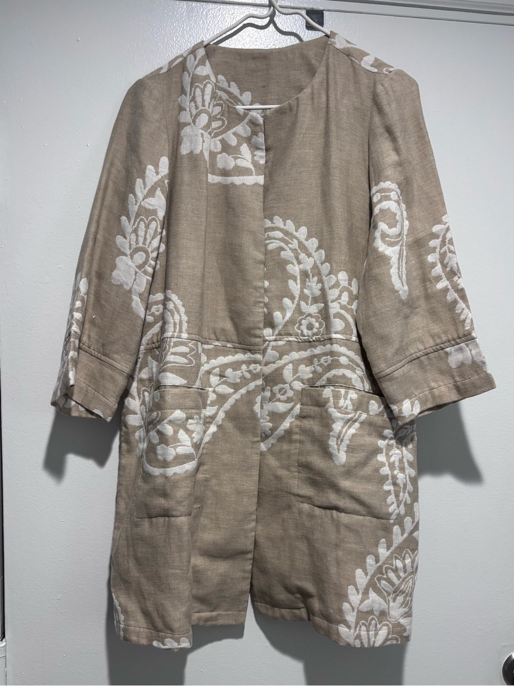 Chico's Beige Linen Trench with White Floral Embroidery
